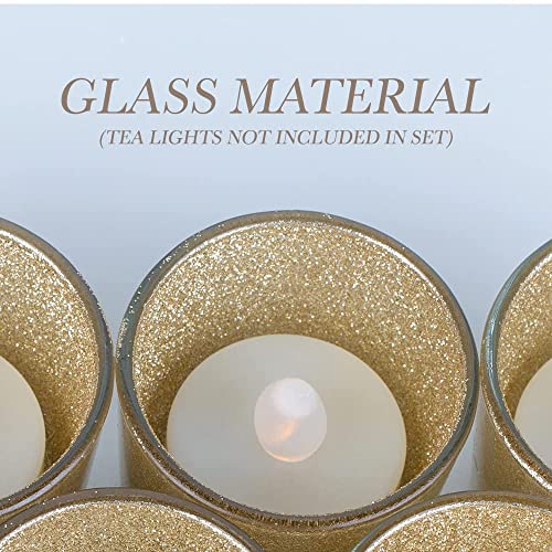 Gold Votive Candle Holders, BeMoment Glitter Glass Tealight Candle Holder for Christmas, Wedding Decor and Home Decor, Festival, Xmas, Holiday, Set of 12(2”×2”)