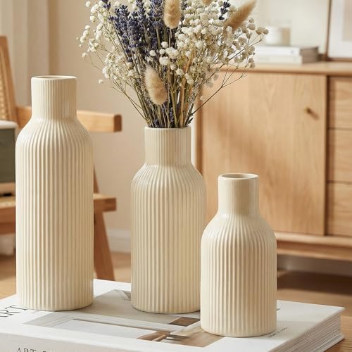 3-Piece Glossy Beige Ceramic Vase Set with Vertical Lines, Minimalist Solid Color Design, Decorative Vases for Shelf, Mantel & Tabletop, Assorted Sizes (9.8"/7.8"/5.9" H) - color: Glossy Beige