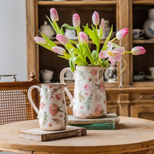 Retro Rustic Large Ceramic Vase with Handle, Distressed Farmhouse Pitcher for Home, Ideal Shelf Decor Floral Vase for Living Room Bedroom Office Table Centerpiece Decorations 9 Inch - color: Floral and Fruit, size: Large Pitcher