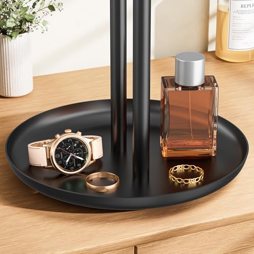 Necklace Rack Stand with Storage Tray - 2 Rods T-Shaped Jewelry Holder Stand for Bracelets, Earrings, Rings | Elegant Vanity & Dresser Top Storage for Women, Black. - color: Black