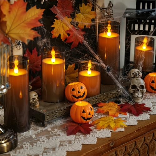 Homemory Gray Flickering Flameless Candles, Battery Operated Acrylic LED Pillar Candles with Remote Control and Timer, Halloween Decor, Set of 5 - color: Gray