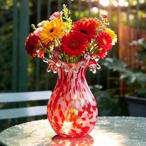 QFkris Hand Blown Glass Vase for Flowers, 8 Inch Red Crystal Bubble Flower Vases for Bouquet Home Decor Decorative Centerpieces, Unique Gift for Mom, Her, Lover - style: Bubble