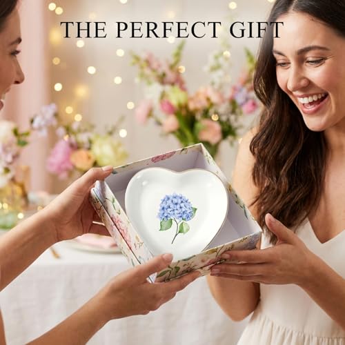 AnyDesign Hydrangea Flower Ring Dish Heart Shaped Ceramic Jewelry Tray Watercolor Blue Floral Trinket Dish for Spring Women Birthday Wedding Engagement Bridal Shower Party Supplies