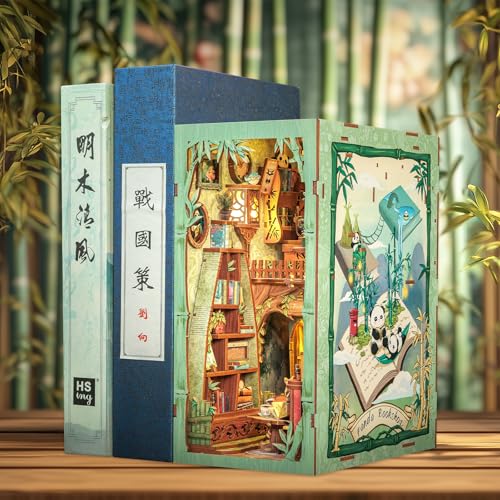 Fsolis Book Nook Kit – DIY Miniature Kit for Adults Tiny House Booknook 3D Wooden Puzzles Decorative Bookends Gifts for Women Book Lovers (Panda Bookshop - style: Panda Bookshop