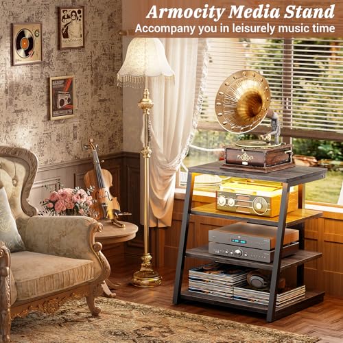 Armocity 4-Tier AV Media Stand with Power Strips, Stereo Stand with LED Lights, Rack Audio Tower with Adjustable Shelves, Small Entertainment Center, 30'', Grey Oak - color: Grey Oak, size: 30" (H)