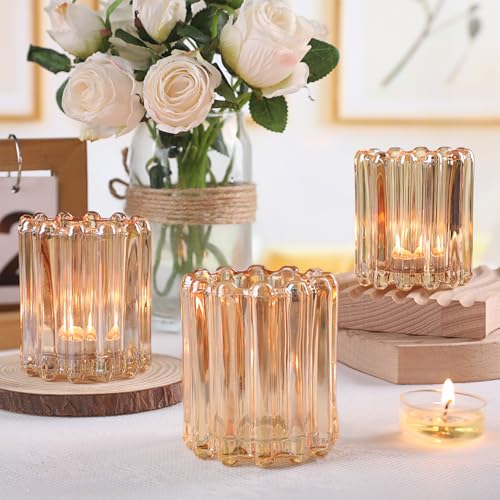 HAVITI Glass Gold Votive Candle Holder, Ribbed Votive Candle Holders Set of 12, Tealight Candle Holder for Wedding Centerpieces Dinner Party Table Decor - color: Gold