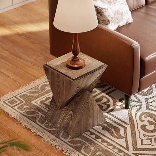 COZAYH Modern Geometric Wood Grain End Table with Structural Design, Farmhouse Side Table with Sculptural Pedestal Base for Living Room, Bedroom, Office, Fully Assembled, Natural