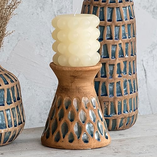 Creative Co-Op 6.5 Inches Debossed Terra-Cotta 3 Inches Pillar, Natural and Blue Candle Holder, Terracotta