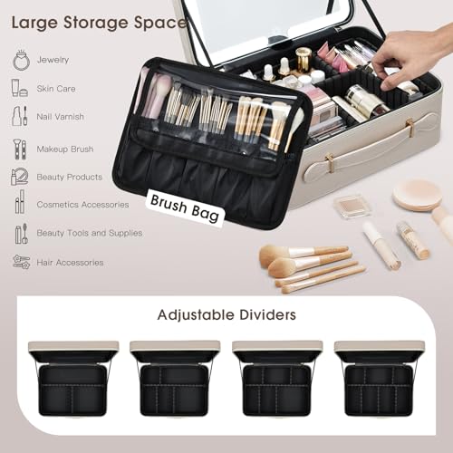Faquenc Leather Makeup Case with LED Lighted Mirror 11.4 Inch Travel Makeup Bag Adjustable Brightness in 3 Colors Cosmetic Organizer Artist Storage Bag with Dividers Brush Holder Bag Vanity Pale Gold - color: WA-Pale Gold 11.4 Inch, size: 2-Medium
