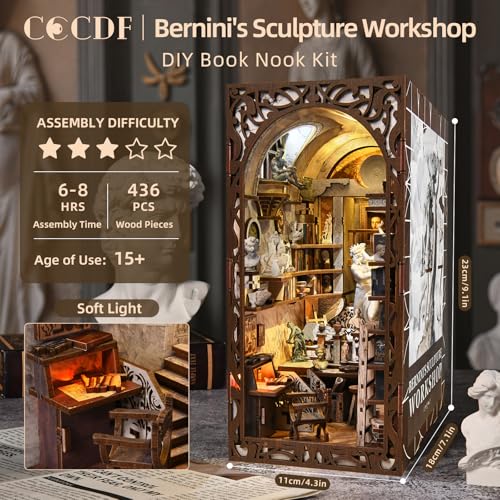 CCCDF DIY Book Nook Kit, 3D Wooden Puzzle for Adults, Teens, DIY Miniature Dollhouse Booknook Kit Bookend Bookshelf Insert Decor with LED Light (Bernini's Sculpture Workshop) - style: Bernini's Sculpture Workshop