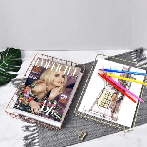 Rose Gold File Organizer for Desk Letter Size Desk Paper Organizer Trays Large Capacity Metal File Organizer Paper Tray Wire Basket Bins for Office Desktop,12.5" x 9.4" x 1.9" - color: Rose Gold