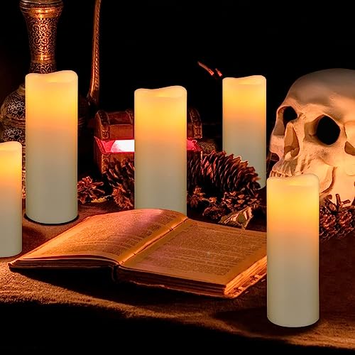 Hanzim Flameless Flickering Battery Operated Candles D2.2''*H4 5" 6" 7" 8" 9" Set of 9 Ivory Real Wax Pillar LED Candles with 10-Key Remote and Cycling 24 Hours Timer (Ivory) - color: H01# Ivory
