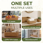 Rattan Storage Basket Set of 3 - Handwoven Rectangular Wicker Baskets for Kitchen, Pantry & Home Organization (Large, Medium, Small) - style: Natural
