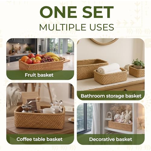 Rattan Storage Basket Set of 3 - Handwoven Rectangular Wicker Baskets for Kitchen, Pantry & Home Organization (Large, Medium, Small) - style: Natural