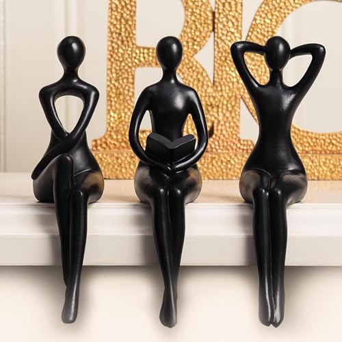Quoowiit Black Thinker Statue Book Shelf Decor, Minimalist Modern Home Decor Collectable Figurines Office Desk Unique Coffee Table Decorations for Living Room 3 Piece - color: Black