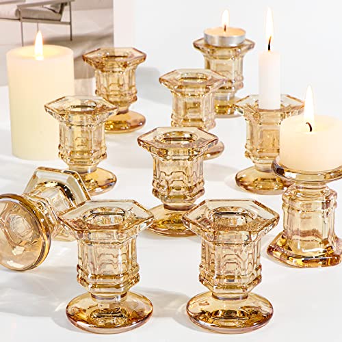 Lanttu Glass Candle Holders Set, 12 Pcs Gold Candlestick Holders Bulk, Taper Candle Holders for Wedding, Festival Table Centerpiece,Home Decoration - color: Amber