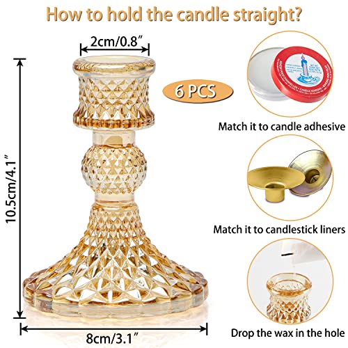 Taper Candlestick Holder Set of 6, Gold Candle Holders & Vintage Candlestick Holders, Glass Candle Holder for Table Centerpieces, Fall, Christmas, Autumn, Thanksgiving Decor - color: Gold, size: Crystal