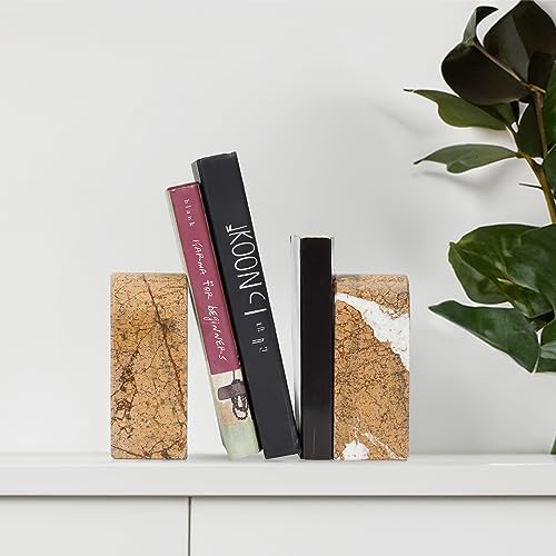 Koville Indian Natural Marble Bookends for Shelves, Decorative Book Ends, 7lbs Heavy-Duty Marble Book Holders, Bookshelf Apartment Decor for Normal Books/CD/Video Games(Rainforest Gold) - color: Brown Red Marble-rainforest Gold, size: 7lb