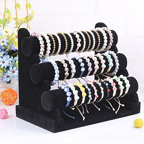 Wudygirl Bracelet Holder Velvet 3 Tier Jewelry Display Stand Storage Watch Bangle Necklace Organizer Showcase(3 Tier) - color: Black, size: L