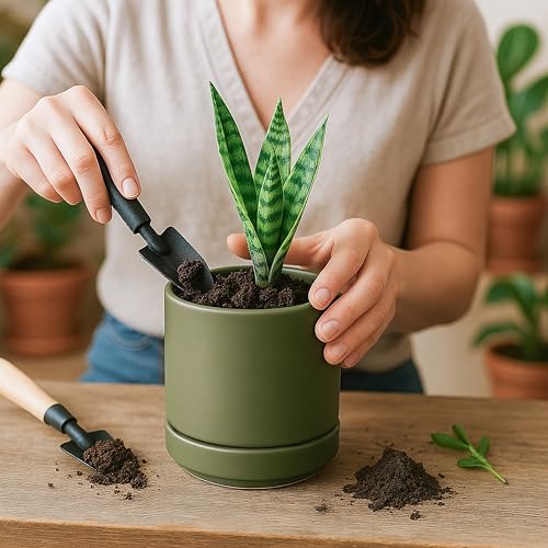D'vine Dev Set of 4 Small Ceramic Plant Pots, 4.7 Inch Succulent Planter Pot for Plants with Drainage Hole and Saucer, Olive, 94-X-B-0 - color: Olive, size: 4.7 Inch