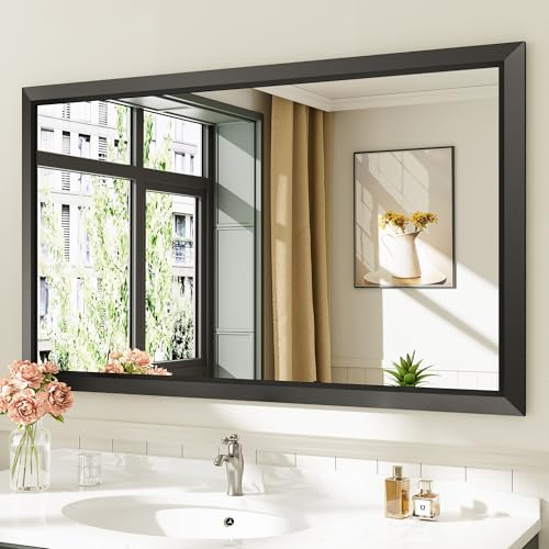 Briivue 50x30 Inch Black Bathroom Mirror for Wall, Thick Metal Framed Rectangle Mirrors for Over Sink, Bedroom, Living Room, Entryway, Anti-Rust, HD Tempered Glass - color: Black, size: 50"L x 30"W