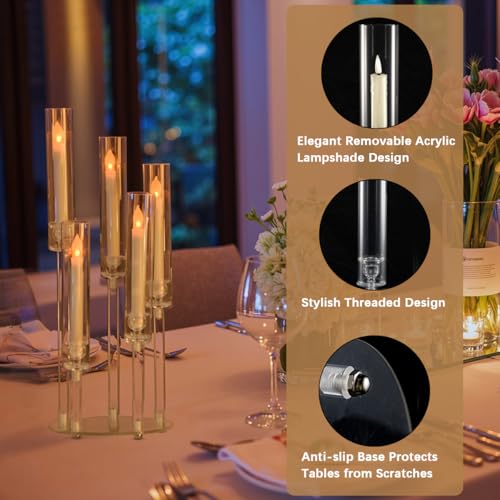 4PCS 5 Arm Acrylic Candelabra for Table Wedding Centerpiece,Crystal Clear Candle Stick Holders Candelabra Centerpiece Stands with Removable Lampshade for Party Easter Baby Shower Fit 0.8 LED Candle - size: 22.6"Tall