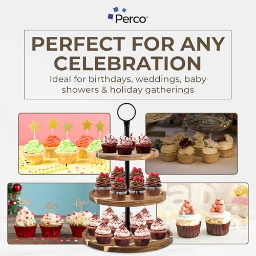 Perco 3 Tier Wooden Cupcake Stand, Acacia Wood Tiered Display Stand for 20 Cupcakes – Rustic Dessert Table Display Set, Tiered Serving Tray for Weddings, Birthdays, Baby Showers & Events - color: Acacia Wood