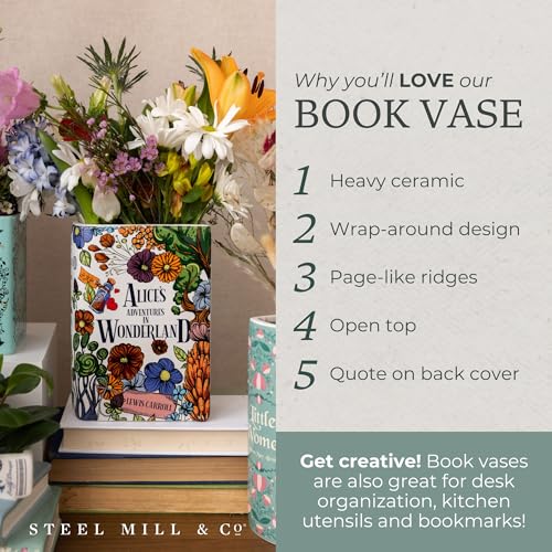 Steel Mill & Co Original Large Book-Shaped Decorative Vase, Ceramic Vases for Home Decor, Cute Bookshelf Decor, Unique Vase for Book Lovers, Alice's Adventures in Wonderland - Floral Nonsense