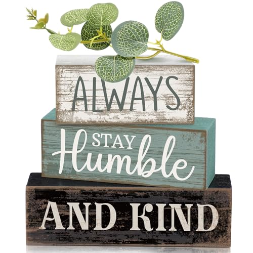 Lineshading 4 Pcs Inspirational Farmhouse Table Decor Always Stay Humble and Kind Stacked Wooden Block Signs with Inspirational Quote Eucalyptus Leaves for Home, Living Room, Shelf Housewarming Gift - style: Always Stay Humble and Kind