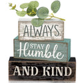 Lineshading 4 Pcs Inspirational Farmhouse Table Decor Always Stay Humble and Kind Stacked Wooden Block Signs with Inspirational Quote Eucalyptus Leaves for Home, Living Room, Shelf Housewarming Gift - style: Always Stay Humble and Kind