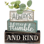 Lineshading 4 Pcs Inspirational Farmhouse Table Decor Always Stay Humble and Kind Stacked Wooden Block Signs with Inspirational Quote Eucalyptus Leaves for Home, Living Room, Shelf Housewarming Gift - style: Always Stay Humble and Kind