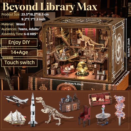 MiniCity DIY Book Nook Kit for Adults, 3D Wooden Puzzle Bookend Bookshelf Insert Decor with LED Light and Dust Cover (Beyond Library Max) - style: Beyond Library Max