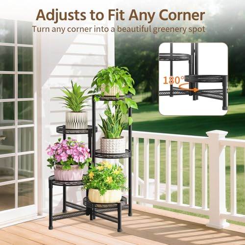 LASZOLA 5 Tiered Folding Tall Plant Stand for Indoor Outdoor Corner, Larger Heavy Duty Metal Adjustable Multiple Rack with 10 Inch Wide Hollow Tray, Flower Planter Holder for Modern House Patio, Black - color: Brushed Black, size: 5 Tier