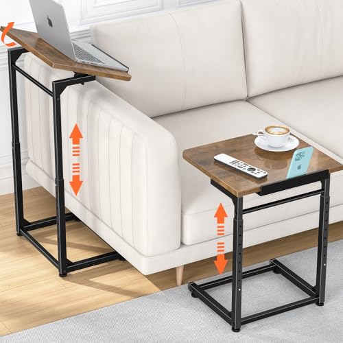 Tv Tray Table, 8-Level Adjustable Height Couch Side Table，90° Tilt Angle Adjustments C-Shaped End Table, with Phone & Tablet Slot Sofa Computer Desk for Couch, Sofa, Bed, Chair, Living Room (Brown) - size: 1 pcs