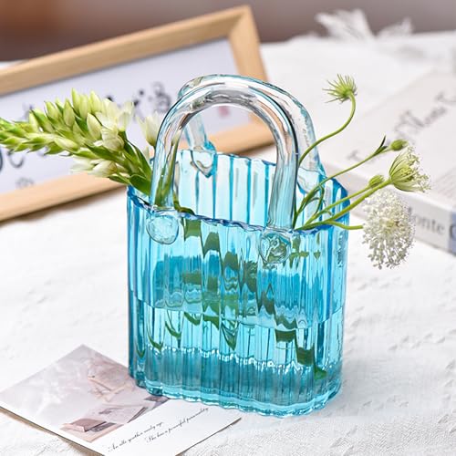 10.8" Modern vase, Transparent Blue Glass Striped Handbag vase, Home Decoration. Elegant Handbag, Suitable for Bedroom, Living Room and Home Decoration- Blue - color: Vertical Patterned Vase - Blue