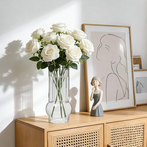 Brajttt Clear Glass Cylinder Vases，6.5 Inch Small Ribbed Flower Vases for Bouquet, Multi-Use Vase for Flowers & Drinking Glasses Set of 12,Tall Glass Vases for Home Decor, Weddings, Parties