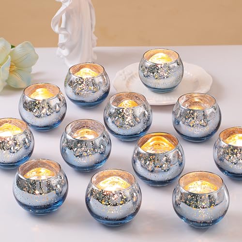 LETINE 36pcs Blue Votive Candle Holders - Elegant Mercury Glass Tea Light Candle Holder Set for Spring Summer Weddings, Holiday Season Decorations, Valentine's Day Table Centerpieces - color: Blue