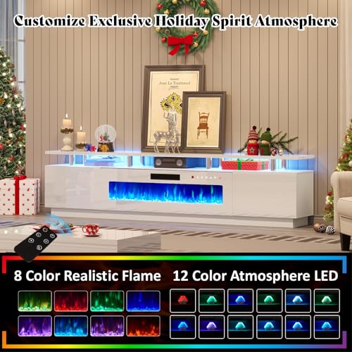 AMERLIFE 90" 2 Tier Fireplace TV Stand with 50" Fireplace, Modern Large Entertainment Center LED Lights, Media Console Table Storage Cabinet for TVs Up to 100", Living Room, White & White - color: White & White, size: 90"