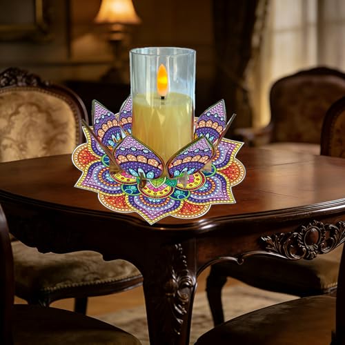 DIY Diamond Art Painting Candlestick Holders 5.71in Mandala Flower Shape Desk Candle Tray Tabletop Ornaments for Wedding Ramadan Party Home Table Centerpiece-Mandala04 - color: Mandala04