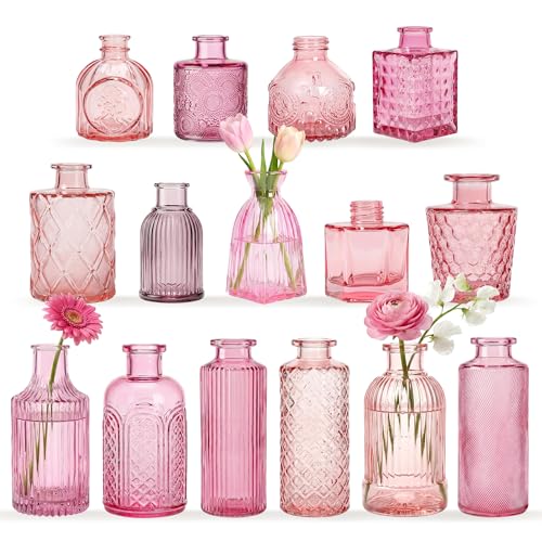 15 Pcs Colored Bud Vase Set,Glass Vases for Flower Centerpieces Wedding & Party Decor,Home Table Decorations,Bud Vases in Bulk for Housewarming (15, Pink) - color: Pink