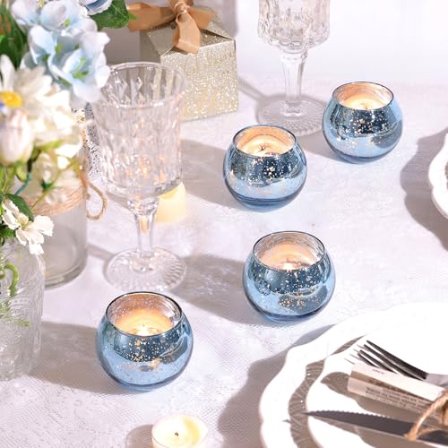 LAMORGIFT 12 Pcs Blue Votive Candle Holders- Blue Centerpieces for Tables, Round Mercury Glass Candle Holder for Bridal Shower Decorations, Wedding Decor - color: Blue