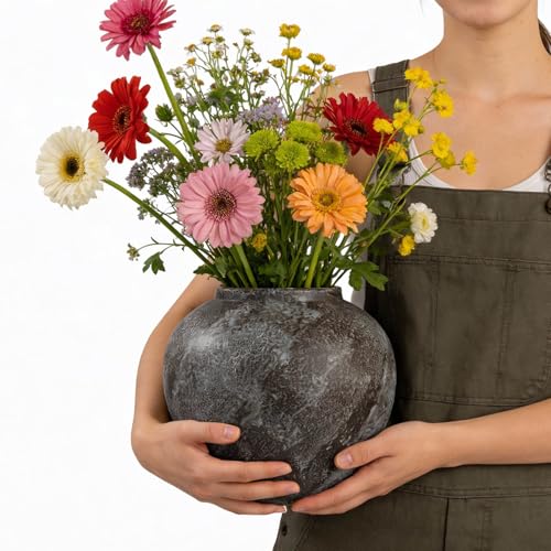 Large Rustic Black Stone Vase Home Decor - 8.8 in Ceramic Vintage Farmhouse Vases for Decor, Decorative Terracotta Round Clay vase for Living Room, Table, Shelf, Kichen Décor - style: Large Rustic Brush Black