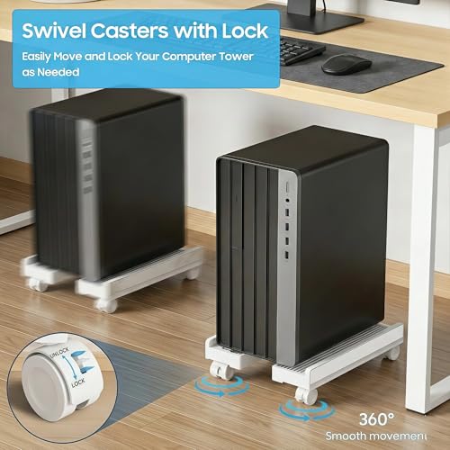 Adjustable Mobile Computer Tower Stand, Ventilated CPU Stand with Locking Caster Wheels, Fits Most Computer Towers, Under Desk Floor PC Cart, Universal PC Holder for Office, Students & Gamers (White) - color: White