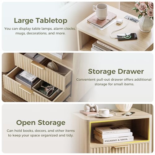 IRONCK Fluted Night Stand Set of 2, Modern Nightstand with Charging Station, Drawers and Open Shelves - Bedside Table Wood Side Table Set for Bedroom, Oak - color: Oak