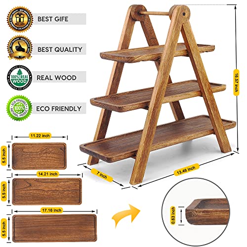 Manspdier Wood 3 Tier Serving Tray Three Tiered Cupcake Stand, Rectangle Serving Platter Wooden Farmhouse Tiered Tray, Party Serving Brown Decorative Tray Decor - color: Brwon, size: 17.2X5.5 Inch