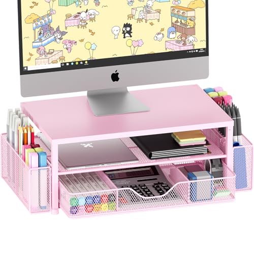 OPNICE Desk Organizers and Accessories, 2-Tier Computer Monitor Stand Riser with Drawer and 2 Pen Holders, Laptop Stand, Office Desk Accessories & Office Decor for Women, Pink - color: Pink 1-Pack