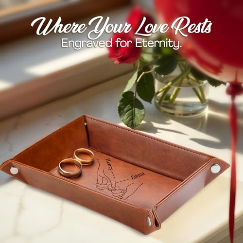Engraved Leather Tray with Custom Name, Personalized Anniversary Idea for Him and Her, Jewelry Organizer Tray for Dresser, Desk, Nightstand, Office Keepsake Box for Men, Husband - style: Anniversary