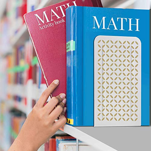 Acrimet Metal Bookends, Non-Skid Book Stand for Shelves, Heavy Duty Book Stopper, 6-7/8" H x 4" W x 4-1/2“ D, (White Bookend with Gold Design), 1 Pair - color: White Bookend With Gold Design, size: 10 cm X 11,5 cm X 17,5 cm