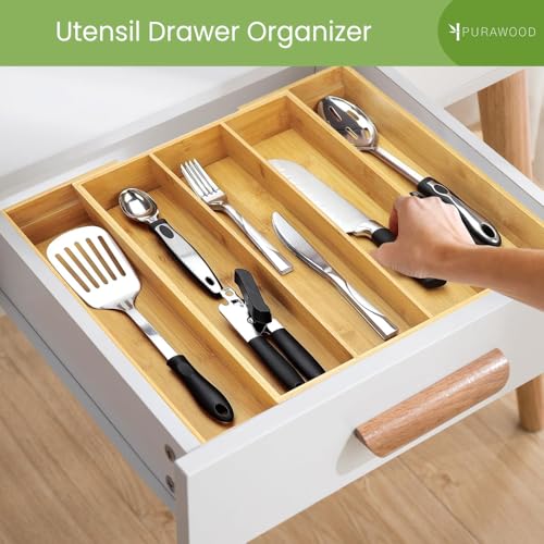 Purawood Kitchen Drawer Organizer, 2 Pack - Expandable Utensil Drawer Organizer for Kitchen, Cutlery Tray & Silverware Organizer, 3-5 Slots - Bamboo Organizer for Utensils & Flatware (Natural) - color: Natural, size: 5 Slot