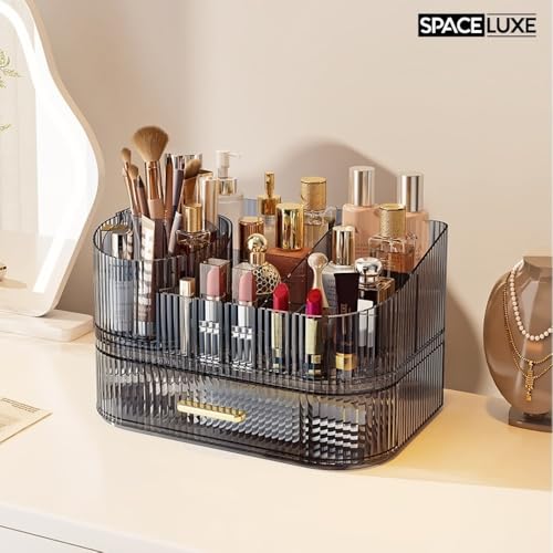 Makeup Organizer with Drawers and 360° Rotating Brush Holder, Large Capacity Cosmetic Storage for Vanity, Skincare, Perfume, Hair Accessories, Lipstick & Jewelry (Transparent Gray, 2-layer) - color: Transparent Gray, size: 2-layer